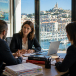 Avocats en réunion avec clients face au Vieux-Port et Notre-Dame-de-la-Garde en arrière-plan