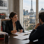Avocate conseillant un client dans un bureau avec vue urbaine parisienne