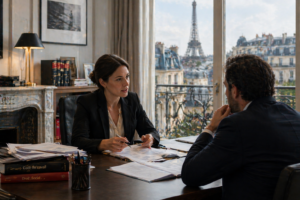 Avocate conseillant un client dans un bureau avec vue urbaine parisienne