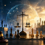 Balance de justice au centre d’un échiquier évoquant les enjeux du droit du travail et de la transformation des entreprises