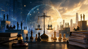 Balance de justice au centre d’un échiquier évoquant les enjeux du droit du travail et de la transformation des entreprises