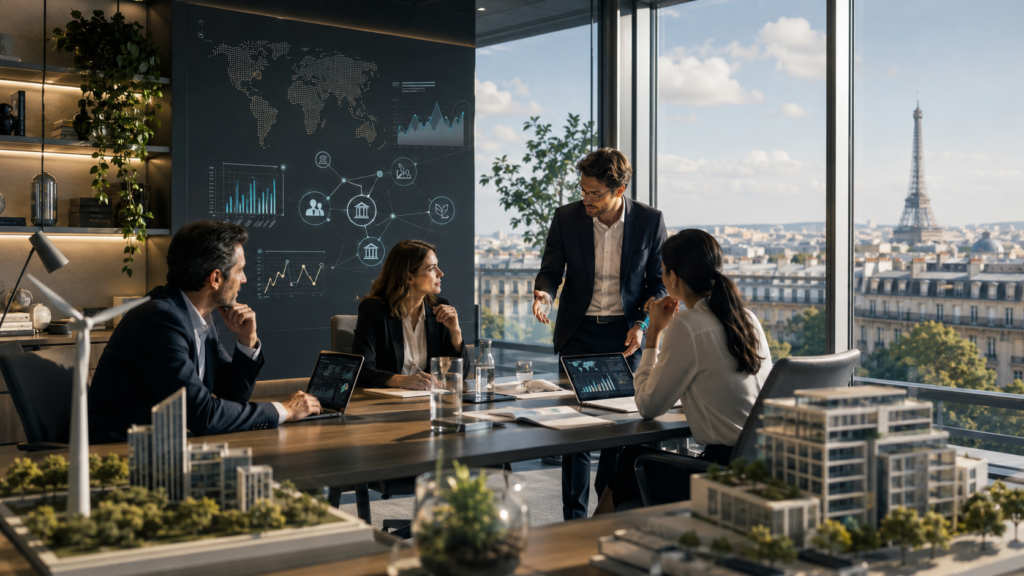 Réunion stratégique entre experts-comptables dans un bureau parisien moderne
