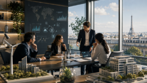 Réunion stratégique entre experts-comptables dans un bureau parisien moderne