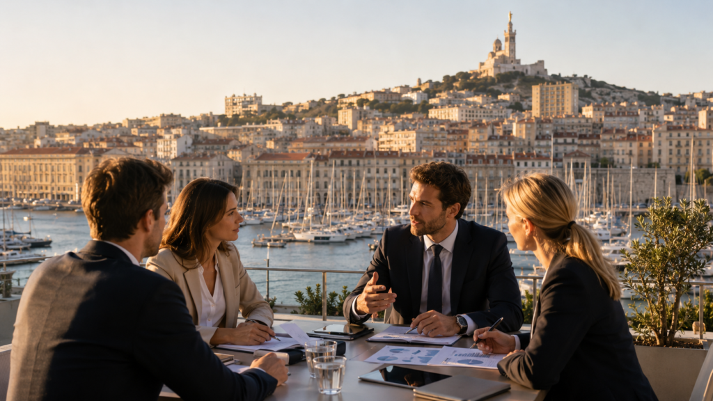 Experts-comptables en réunion face au Vieux-Port de Marseille
