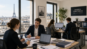 Experts-comptables travaillant dans un bureau moderne à Paris