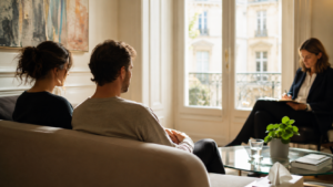 Couple en consultation avec un sexologue à Lyon dans un cadre rassurant