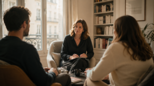 Sexologue à Paris accompagnant un couple dans un cabinet chaleureux et apaisant
