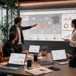 Consultants HubSpot analysant des workflows CRM dans un bureau parisien