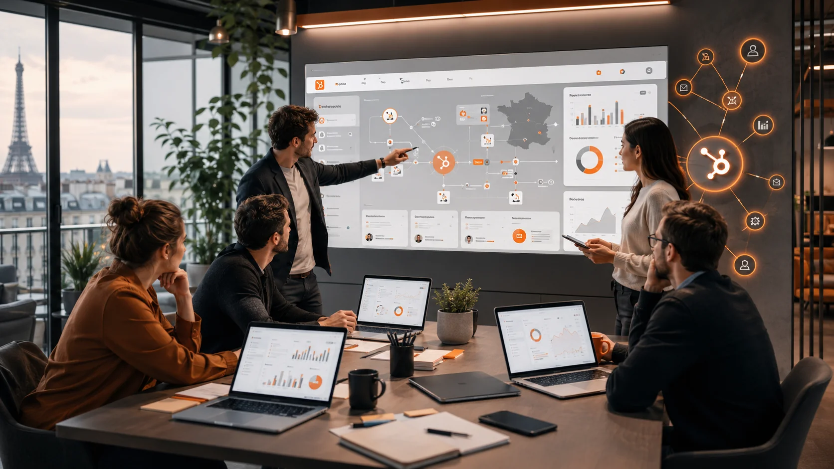 Consultants HubSpot analysant des workflows CRM dans un bureau parisien
