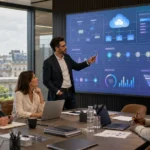 Consultants Salesforce réunis autour d’un tableau de bord CRM à Paris