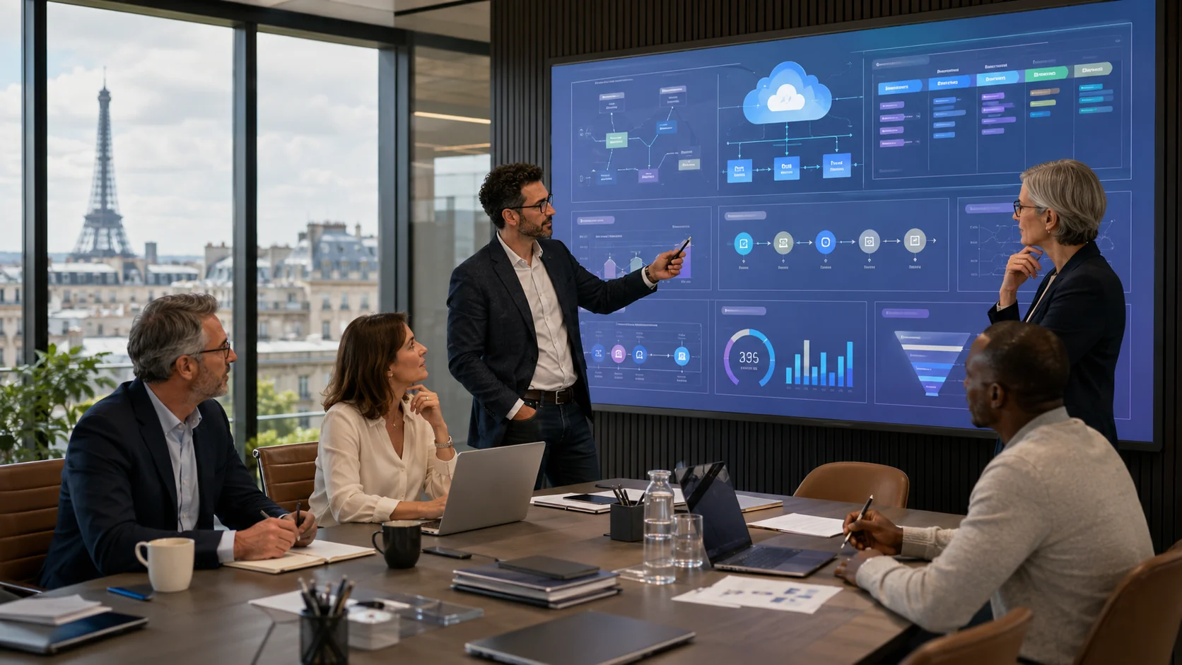 Consultants Salesforce réunis autour d’un tableau de bord CRM à Paris