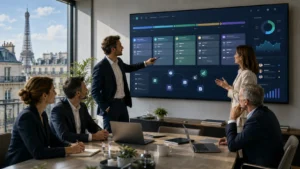 Consultants Pipedrive analysant un pipeline commercial dans un bureau parisien