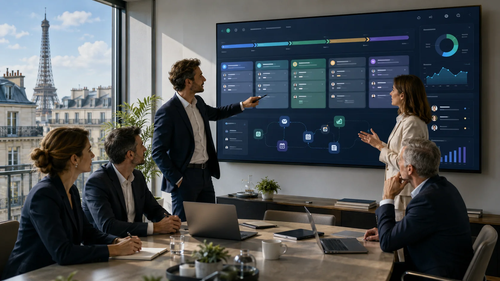 Consultants Pipedrive analysant un pipeline commercial dans un bureau parisien