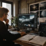 Consultant en automatisation vidéo travaillant sur des visuels générés par IA dans un studio créatif