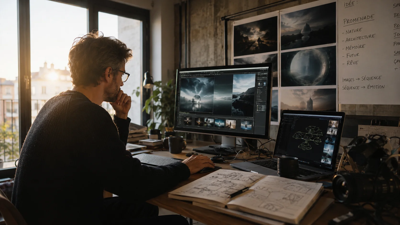 Consultant en automatisation vidéo travaillant sur des visuels générés par IA dans un studio créatif