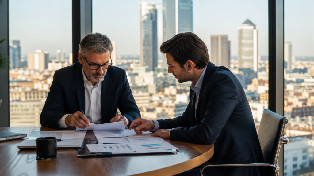 Dirigeant échangeant avec un courtier en assurance à Lyon pour analyser les risques de son entreprise