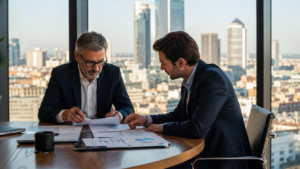 Dirigeant échangeant avec un courtier en assurance à Lyon pour analyser les risques de son entreprise
